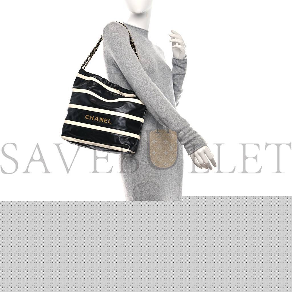 Ch*el master shiny calfskin striped small Ch*el 22 black white as3260 (37*35*7cm)